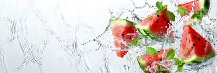 Watermelon and mint on water splash, abstract in bright colours, minimalist style, on white glass solid background, wide banner, empty space
