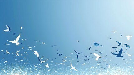 Fototapeta premium A flock of various bird species silhouetted in flight against a serene,minimalist blue gradient sky backdrop,providing ample negative space for copy or text overlay.