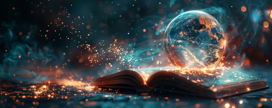 A scifi themed book with a glowing globe and light particles, symbolizing the digital transformation of global learning