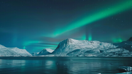Fototapeta premium Stunning northern lights over snowy mountains and calm ocean