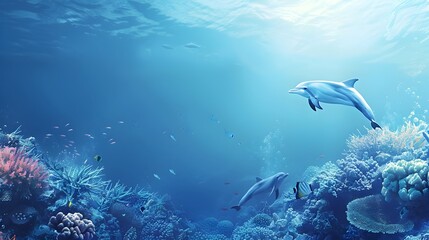 Fototapeta premium Underwater Serenity:Peaceful Dolphins,Vibrant Coral Reefs,and Schools of Tropical Fish in a Captivating Blue Backdrop,Showcasing the Wonders of the Marine Ecosystem.