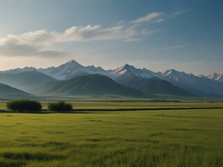 Obraz premium Beautiful landscape green grasslands and distant mountains in the background, tea garden landscape,