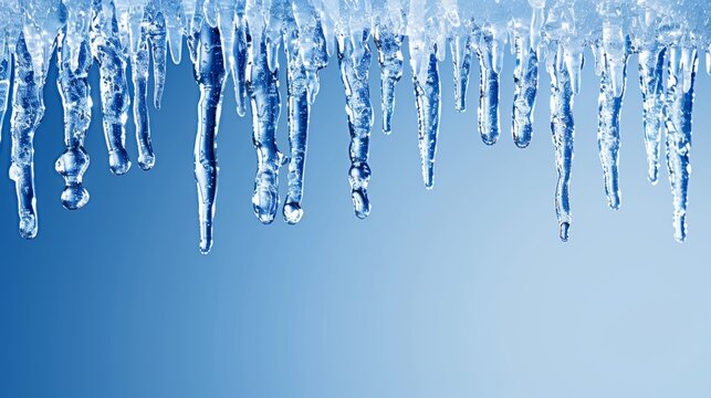 Elegant minimalist close up of icicles on serene blue background, stylish simplicity, wide banner, empty space