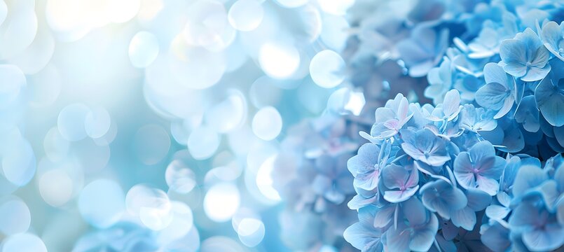Light blue blooming hydrangea on a blurred background. Banner with space for your text.