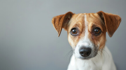 Sad brown and white puppy looking at the camera