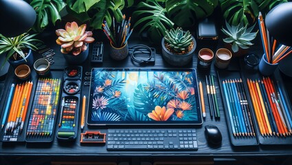 Freelance graphic designers desk with drawing tablet, colorful artwork, and creative tools spread out neatly