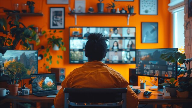 Remote team meeting on a video call, diverse team members on screen, modern home office background with shelves and plants - Powered by Adobe