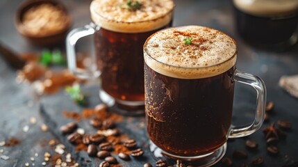 Product photo of nitro cold brew coffee, on slate surface. studio lighting.	
