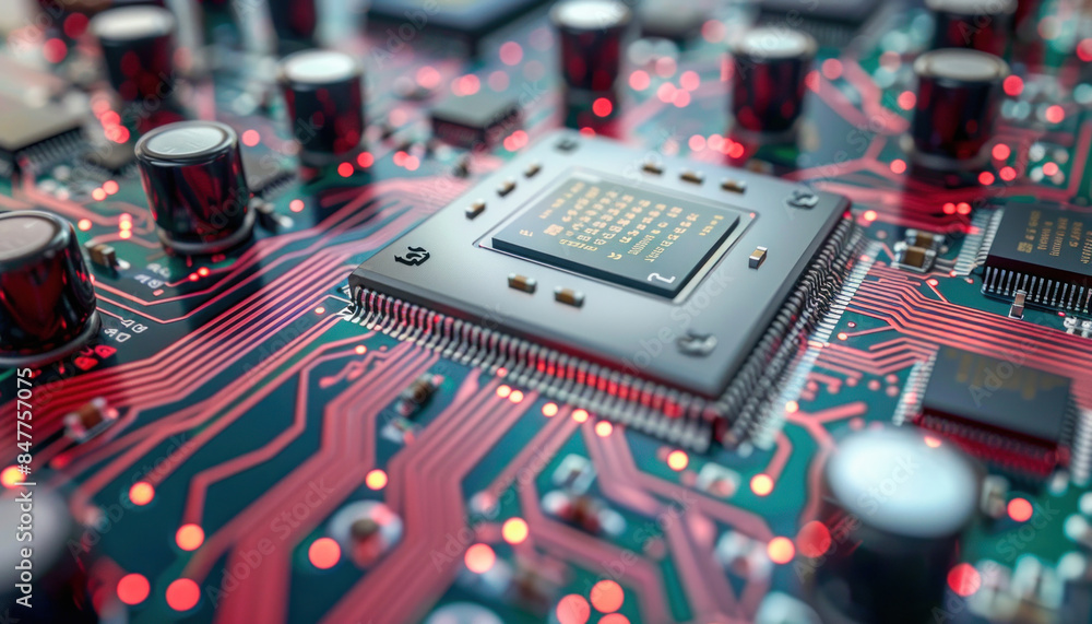Aufkleber closeup image of a computer chip on a motherboard, showcasing circuitry and electronics