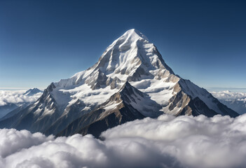 Snowy mountain peak towering above the clouds. Generative AI