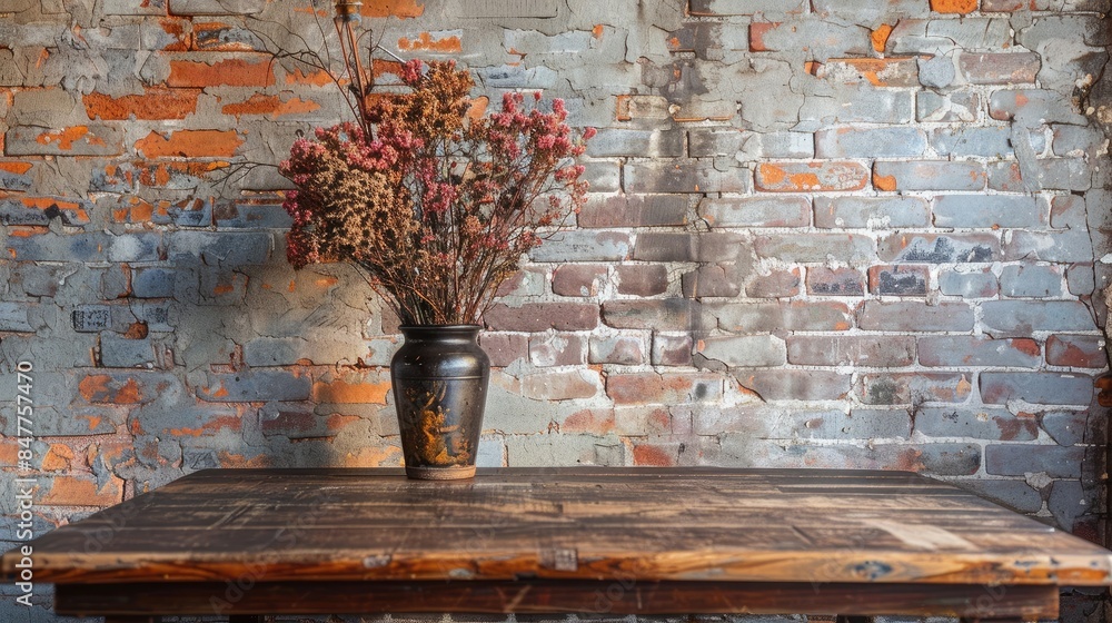 Wall mural Rustic brown wooden table against a brick wall, providing a background for still life compositions - Wall murals