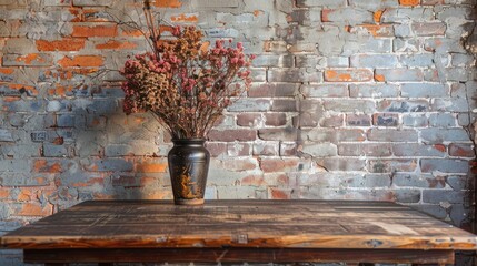 Rustic brown wooden table against a brick wall, providing a background for still life compositions