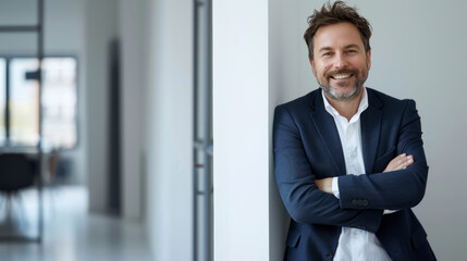 Smiling businessman in suit leaning on white wall with arms crossed