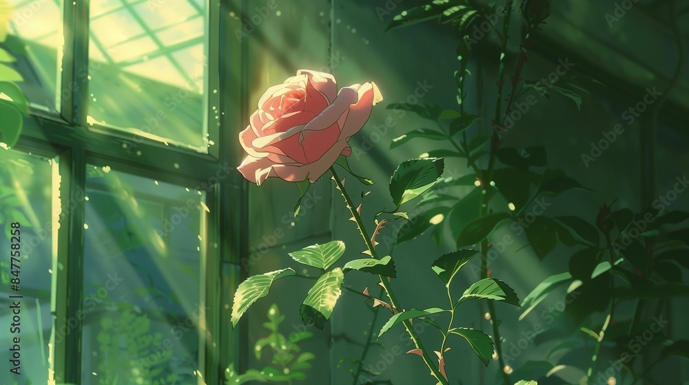 Canvas Prints AI generated illustration of a beautiful pink rose bathed in sunlight inside a greenhouse.