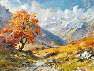 Autumn in the mountains of Caucasus. Oil color painting. Generative AI.