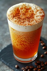 Product photo of nitro cold brew coffee, on slate surface. studio lighting.	