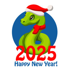 Cute green snake wearing a Santa hat. Happy Chinese New Year 2025