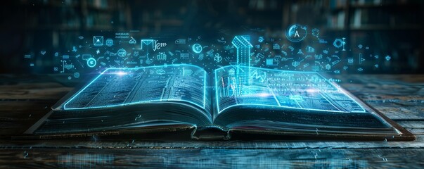 A futuristic open book with holographic text and symbols, conveying the idea of digital storytelling and innovation in literature