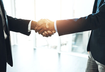Handshake, b2b partnership and deal with business people in office for meeting, contract and...