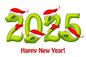 The 2025 year of the snake wearing Santa hat. Cartoon Greeting Card.