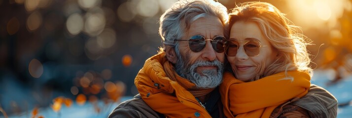 Cheerful elderly pair sharing joyful moment in scenic setting
