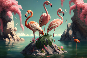 Flamingos on a rock