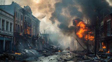 Night fire at the factory. Clouds of smoke and fire, buildings burned to the ground, natural disaster.