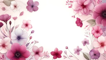Fototapeta premium An image with a soft, light watercolor background, featuring different Sky Magenta color flowers framing the edges