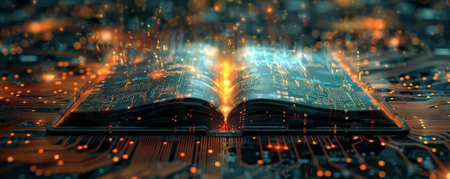 A digitally enhanced open book on a circuit board, with glowing code and digital lines rising from its pages