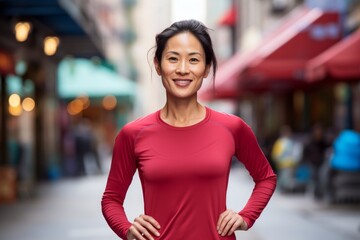 Portrait of a glad asian woman in her 30s wearing a moisture-wicking running shirt on vibrant market street background