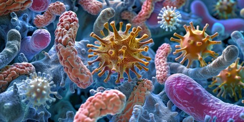Fototapeta premium A detailed image of various bacteria and microorganisms, showing their vibrant colors and intricate structures