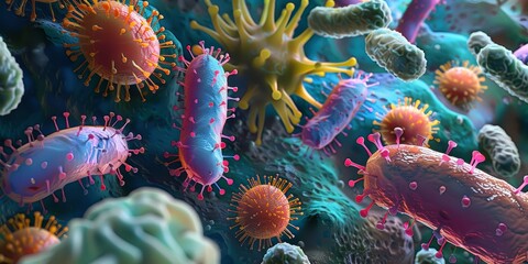 Obraz premium A detailed depiction of microscopic life, with colorful bacteria and microorganisms