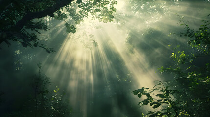 Sunbeams Filtering Through Lush Forest Canopy  background 
