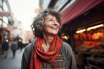 Fototapeta premium Portrait of a joyful woman in her 50s dressed in a relaxed flannel shirt in vibrant market street background