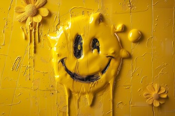 Smiling face with dripping paint in vibrant abstract artwork on colorful background