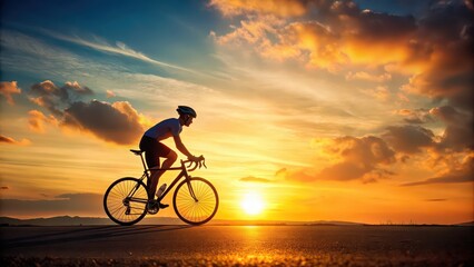 Fototapeta premium Graphic of cyclist on road bike at sunset, sunset, cyclist, road bike, cycling, evening, horizon, silhouette, flat design, sport, exercise, outdoor, active, healthy, leisure, journey