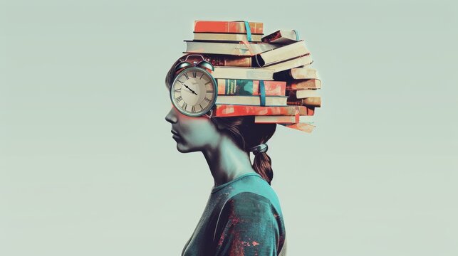 A creative profile image of a person with books and a clock inside their head, illustrating time management in education