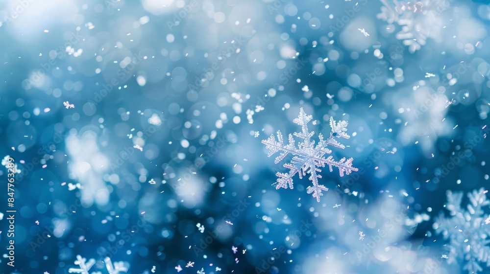 Poster a snowflake is floating in the air above a blue sky. the snowflake is surrounded by a lot of snow, c