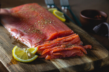 Smoked trout fillet. Piece of salmon