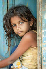 Fototapeta premium A little girl is leaning against a door, looking at the camera with curiosity and innocence