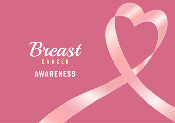 The pink ribbon on soft pink background. Heart ribbon with text-Breast cancer awareness, pink ribbon for  concept for breast canner day in vector illustration