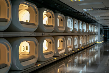 Rows of sleek, illuminated capsule hotel rooms in an airport, offering a modern and efficient resting solution for travelers.