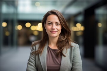 Obraz premium Portrait of a grinning woman in her 30s dressed in a warm wool sweater isolated in sophisticated corporate office background