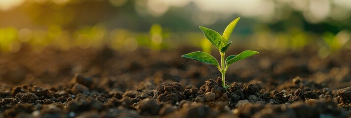 Young plant growing on field, agricultural land, organic farming, environment care, earth day concept