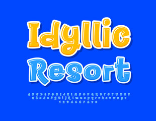 Vector travel advertisement Idyllic Resort. Blue Glossy Font. Funny bright Alphabet Letters and Numbers set.