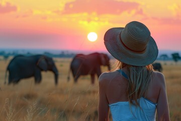 female tourist in a straw hat watches elephants in the wild while on a African safari