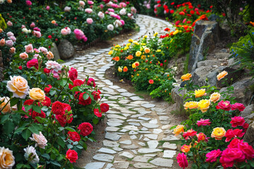 Obraz premium A beautiful garden with a variety of blooming roses in different colors and a stone path winding through.
