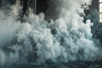 Naklejka premium Billowing clouds of smoke create an ethereal, almost surreal scene against a dark, industrial backdrop, captured with incredible photorealism.