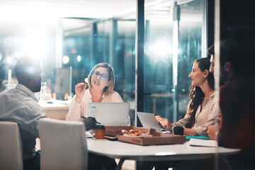 Manager, group and business people planning, discussion or brainstorming on laptop in startup at...