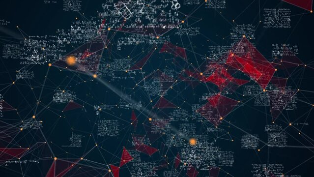 camera movement in digital space with animation of algebraic, physical and chemical formulas and cheat sheets, animation of handwritten educational notes, learning process, animated digitalization